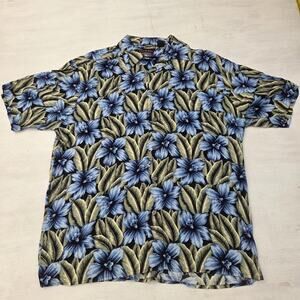 John Henry Viva Tropical Shirt Men's M Blue Green Floral Hawaiin Button Front